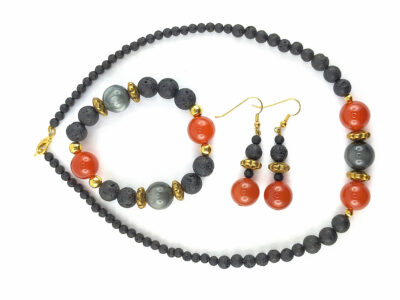 Parure en pierre de lave, cornaline, quartz oeil de chat