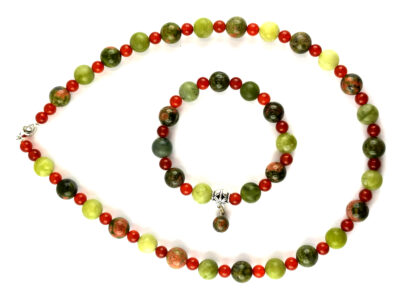 Parure en serpentine, cornaline et unakite